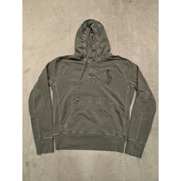 VTG Polo Ralph Lauren Hoodie Big Pony Mens S Army Green Henley Elbow Pads - Picture 1 of 9